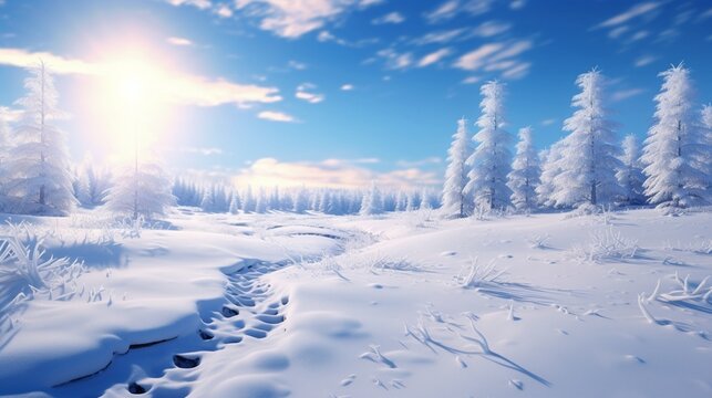 Tranquil winter wonderland meadow, with pristine snow, sparkling under the winter sun, and delicate footprints leading into the heart of the enchanted scene.