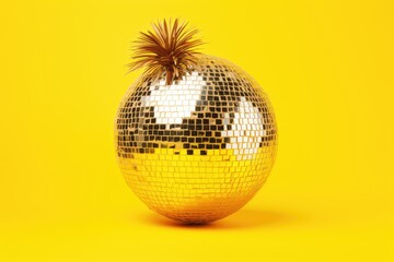 Coconut disco ball on yellow background representing contemporary art collage summer party imagination fun Suitable for ads or posters