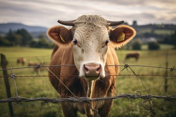 Cow behind barbed wire fence in meadow