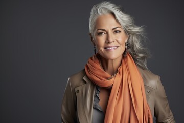 Portrait of beautiful senior woman with orange scarf over grey background.