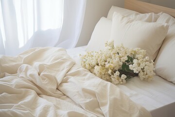 Cozy home bed with white sheets