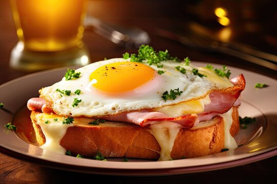 Closeup image of croque madame a classic French dish with fried eggs ham and bread showcasing shallow depth of field and natural lighting