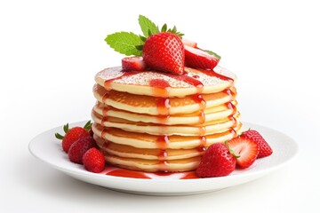 Delicious strawberry topped pancake stack on white background - obrazy, fototapety, plakaty