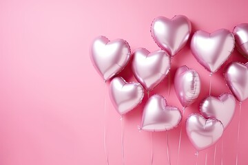 Foil heart shaped balloons on a pink backdrop Symbolizing love celebrating holidays like Valentine s Day or weddings Metallic decoration for parties
