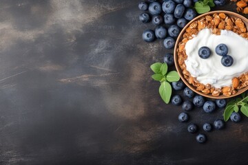 Homemade granola with Greek yogurt and blueberries placed on a wide black rustic banner Design your own with available space
