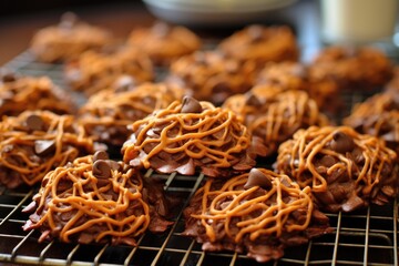 Homemade chow mein noodle cookies topped with butterscotch and milk chocolate chips are on a cooling rack