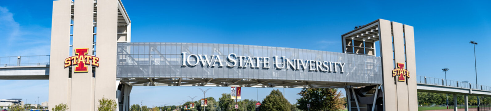 Ames, IA, USA - 10.1.2023: Focus on logo of bridge leading to Jack Trice Stadium at Iowa State University. 