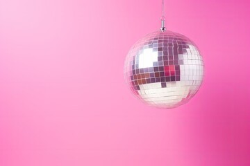 Minimal party concept with disco ball on pink background and copy space