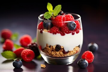 Mixed yogurt muesli and berries served in a small glass