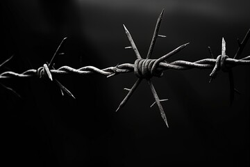 Monochrome silhouette photo of barbed wire on a dark fence - obrazy, fototapety, plakaty