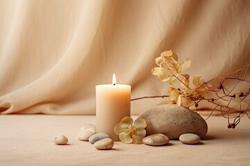 Fototapeta na wymiar Neutral toned background with scented candle cozy ambiance with natural elements Homey spa like atmosphere for relaxation and wellness Decorative interior desi