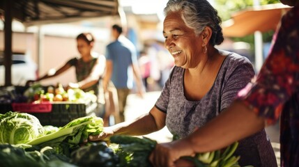 A woman, smiling, purchasing fresh vegetables from a cheerful elderly vendor at a bustling local market.