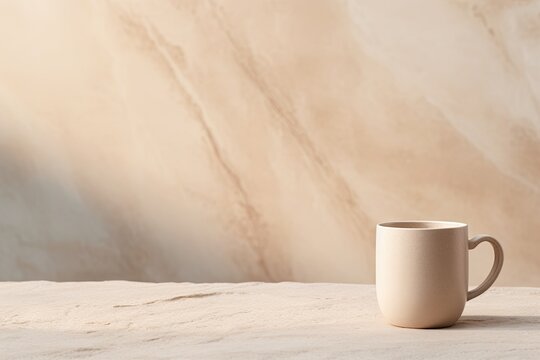 Minimalistic lifestyle scene Speckled coffee cup on sandstone rock white table Beige wall backdrop Breakfast drink concept No people empty space