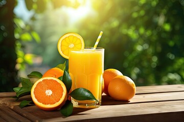 Obraz premium Orange juice with fresh oranges on a wooden table with nature background