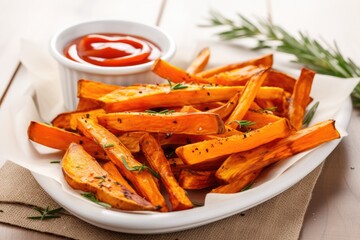 Orange sweet potato fries with ketchup salt and pepper on a wooden board