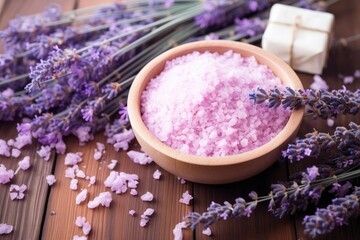 Obraz na płótnie Canvas Organic lavender SPA cosmetics displayed with bath salt spa products and lavender flowers on a wooden background Emphasizing skin care and beauty treatment