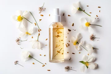 Fotobehang Organic multipurpose dry oil Lovely floral bottle Beauty blogger aesthetic © The Big L