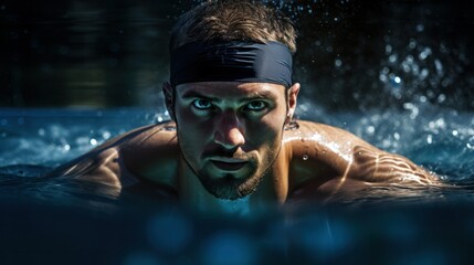 A swimmer, captured mid-stroke in a tranquil pool, displaying strength and fluidity with every move.