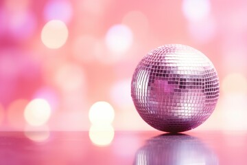 Fototapeta na wymiar Pink toned blurred background with shiny disco ball on table Text space available