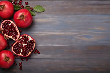Pomegranate halves and ripe fruit top view on white wooden rustic background