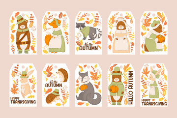 Fototapeta premium Cute autumn animals vector tags collection with hand drawn animals, leaves and letterings isolated on white background. Illustration set for gift tags print, banners, greeting cards