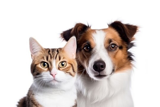 Picture of adorable Jack Russell Terrier dog and happy Scottish Straight cat alone on white backdrop