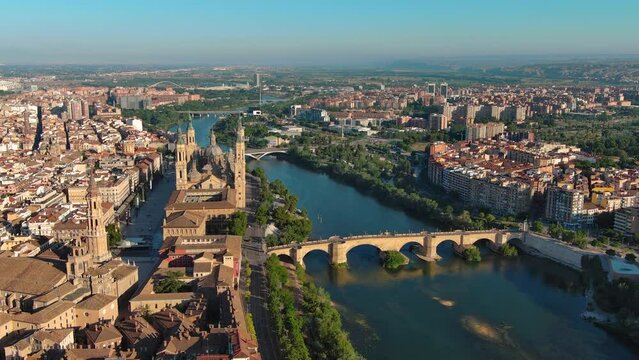Aerial view of the Cathedral-Basilica of Our Lady of the Pillar in the city of Zaragoza, Aragon, Spain