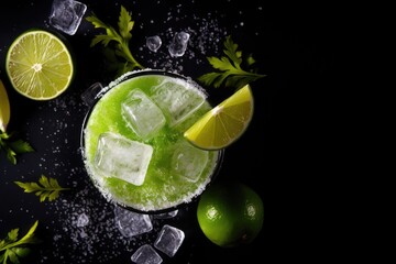 Salt and lime on a dark background high proof drink top view