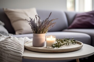 Scandinavian home decor Hygge concept metal tray with candles and lavender grey blanket on sofa...