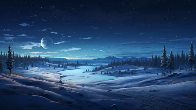 Winter golf course bathed in moonlight, snow-covered greens and fairways shimmering under the celestial gaze.