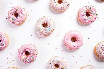 Sprinkled donuts on white background top view