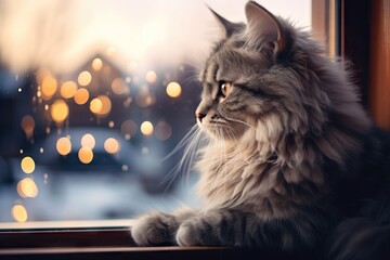 Cute big fluffy gray cat sitting near the window and looking at the blurred lights. Winter cozy background. Christmas and New Year vertical concept. Banner about pets