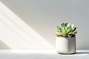 Summer succulent in a pot sunny with shadows on podium Top view gray background - Powered by Adobe