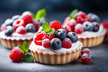 Summer fruit tartlets with curd cream on a gray backdrop topped with powdered sugar and showcasing a selective focus - obrazy, fototapety, plakaty