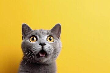 Surprised gray cat on yellow background with space for ads funny cat expression