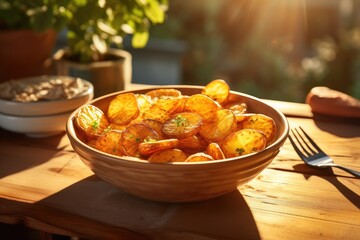 Sunlit wooden table holds ceramic bowl of organic forked potato slices