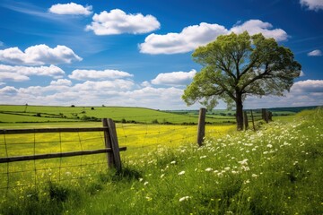 Sunny English countryside in Dorset during summer featuring green fields scattered trees wildflowers a Barb wire fence and a blue sky with a few clouds - obrazy, fototapety, plakaty