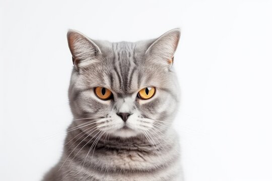 Striped gray cat portrait with orange eyes on white background Suitable for billboards signage ads Serious thoughtful expression Purebred with copy spac