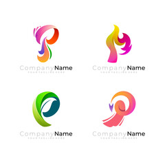 Set Letter P logo with combination, Business logos, leaf icon, fire designs, rocket logo and peacock