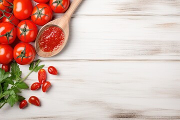 Tomato sauce spoon with tomatoes isolated on white table - obrazy, fototapety, plakaty