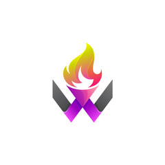 Letter W logo and fire design combination, torch symbol