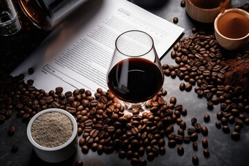 Top down view of a coffee themed photoshoot featuring fresh roasted and powdered coffee beans as...