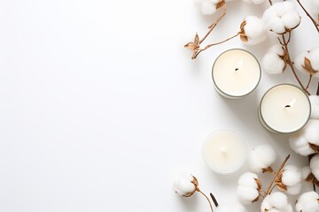 Top view mock up of spa composition with white background cotton flowers and candles - obrazy, fototapety, plakaty