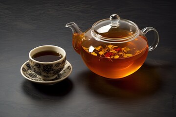 Top view of a cup of tea with teapot sugar bowl on a grey background