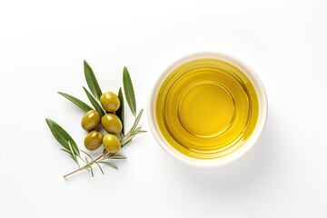 Top view of a small bowl on a white background with olive oil and olives flat lay - obrazy, fototapety, plakaty