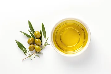 Fotobehang Top view of a small bowl on a white background with olive oil and olives flat lay © The Big L
