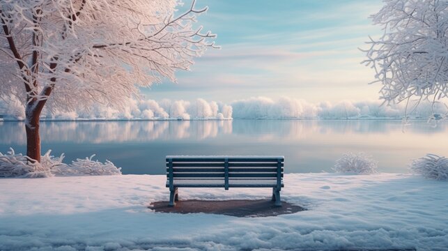 Winter lakeside park, with sculpted hedges and snow-covered benches, providing a serene spot for reflection against the backdrop of a frozen lake.