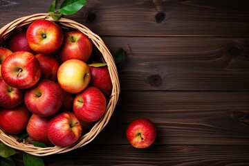Top view of ripe apple fruits in a basket on a wooden table with copy space