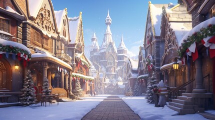 Winter marketplace with snow-covered stalls and rooftops, festive decorations adding a touch of...