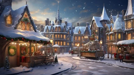 Papier Peint photo Lavable Moscou Winter marketplace with snow-covered stalls and rooftops, festive decorations adding a touch of holiday magic to the charming scene.